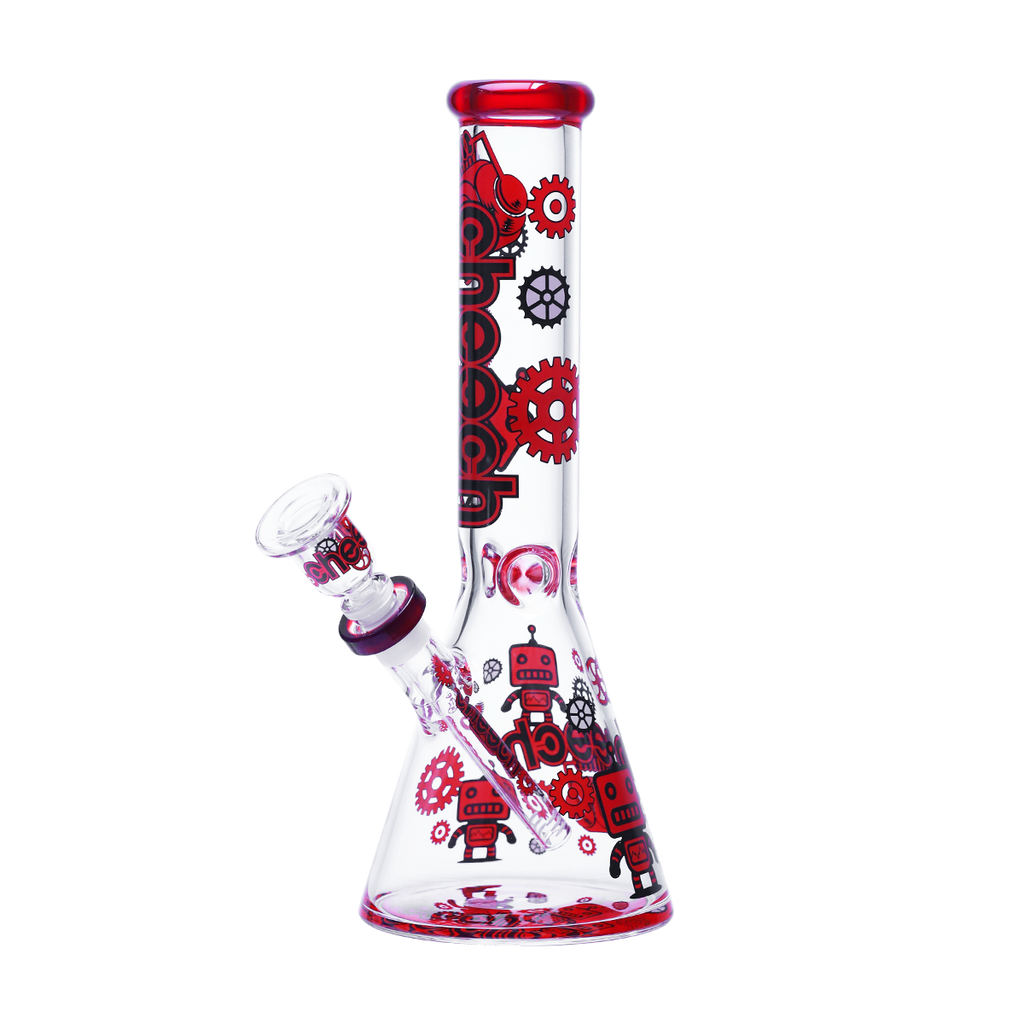 Red robotic gears glass beaker