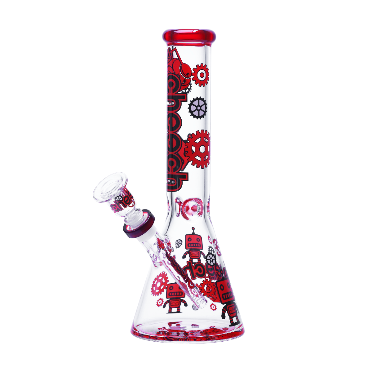 Red robotic gears glass beaker