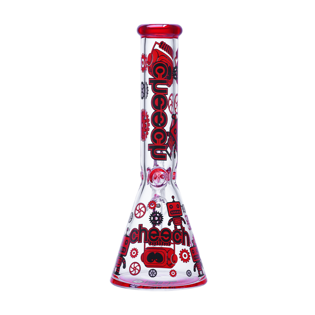 Red robotic gears glass beaker
