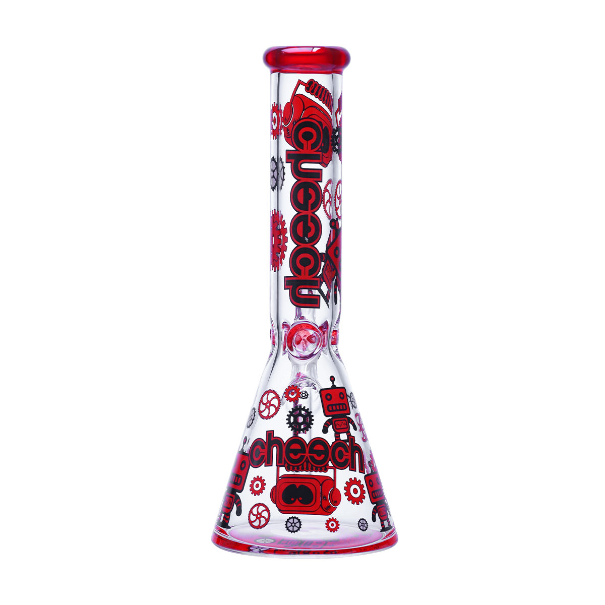 Red robotic gears glass beaker