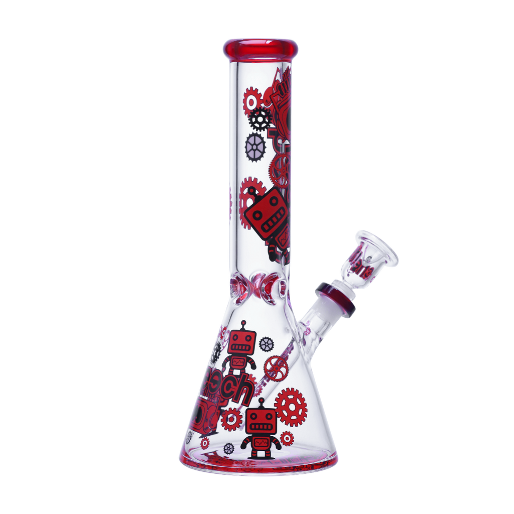 Red robotic gears glass beaker
