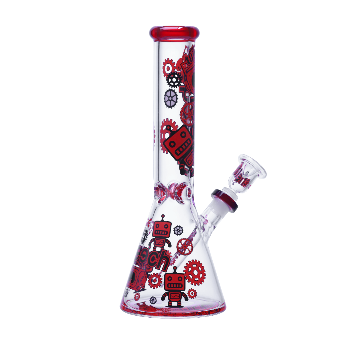 Red robotic gears glass beaker