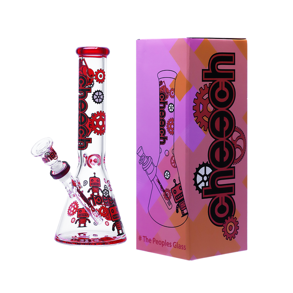 Red robotic gears glass beaker