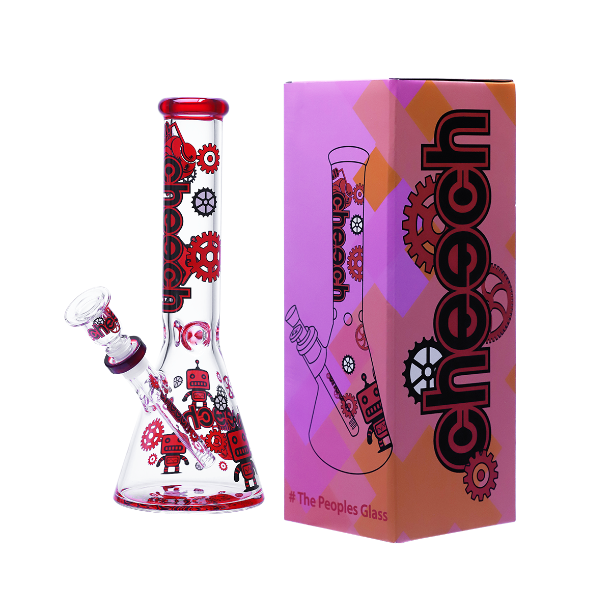 Red robotic gears glass beaker