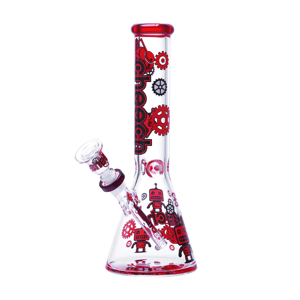 Red robotic gears glass beaker